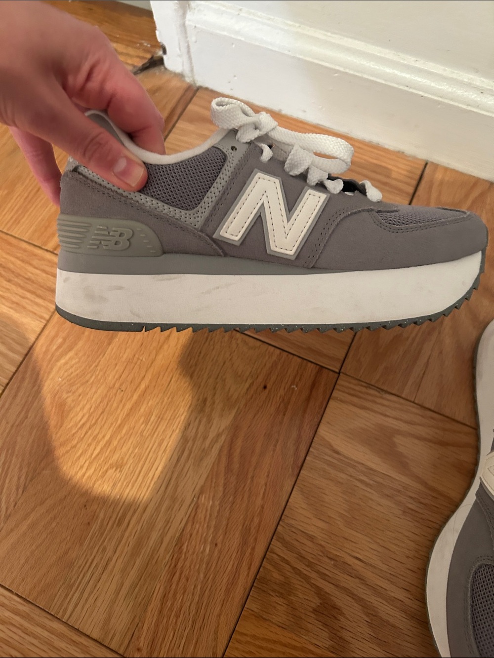New Balance Gray and White Platform Sneakers - Picture 6 of 15